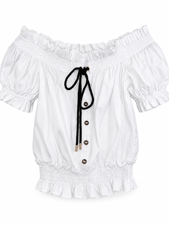 Caroline Constas Tops - Caroline Constas White Off-Shoulder Smocked Peasant Top with Black Tie